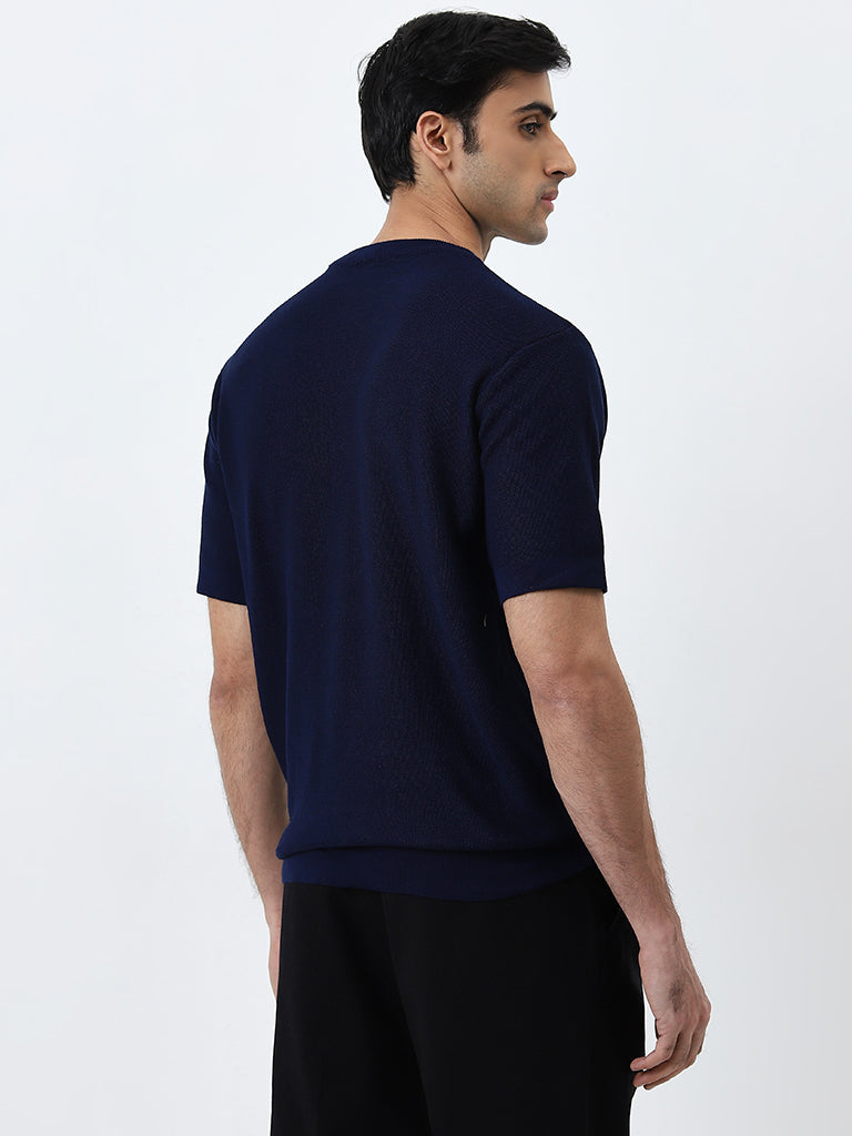 WES Formals Dark Indigo Solid Slim-Fit Cotton T-Shirt