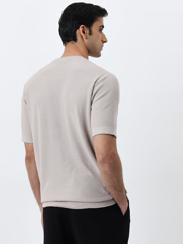 WES Formals Light Taupe Solid Slim-Fit Cotton T-Shirt