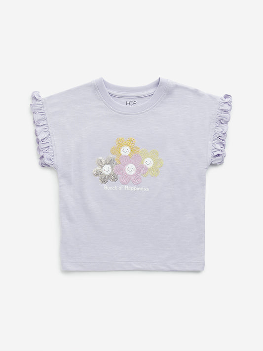 HOP Kids Lilac Floral Embellished Cotton T-Shirt