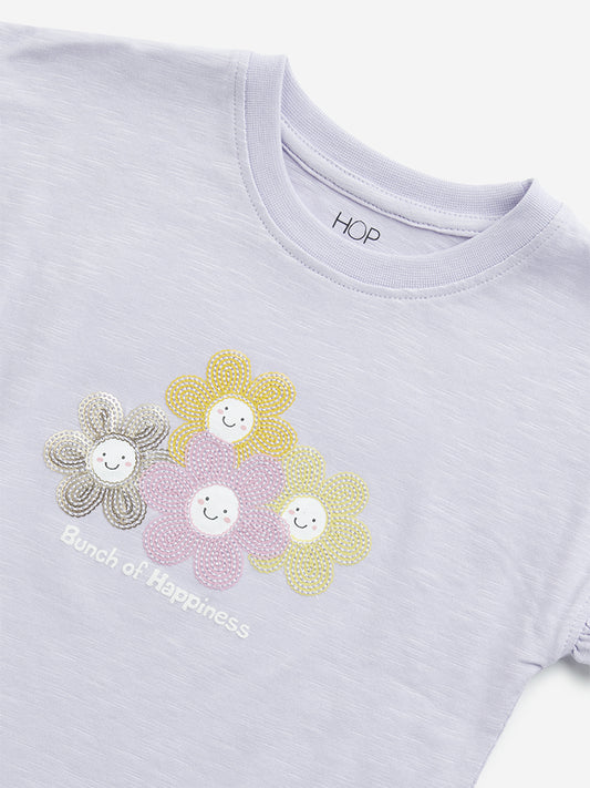 HOP Kids Lilac Floral Embellished Cotton T-Shirt