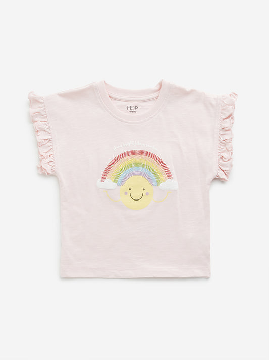 HOP Kids Light Pink Rainbow Embellished Cotton T-Shirt