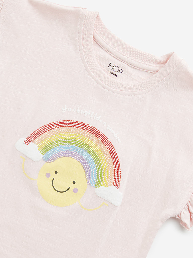 HOP Kids Light Pink Rainbow Embellished Cotton T-Shirt