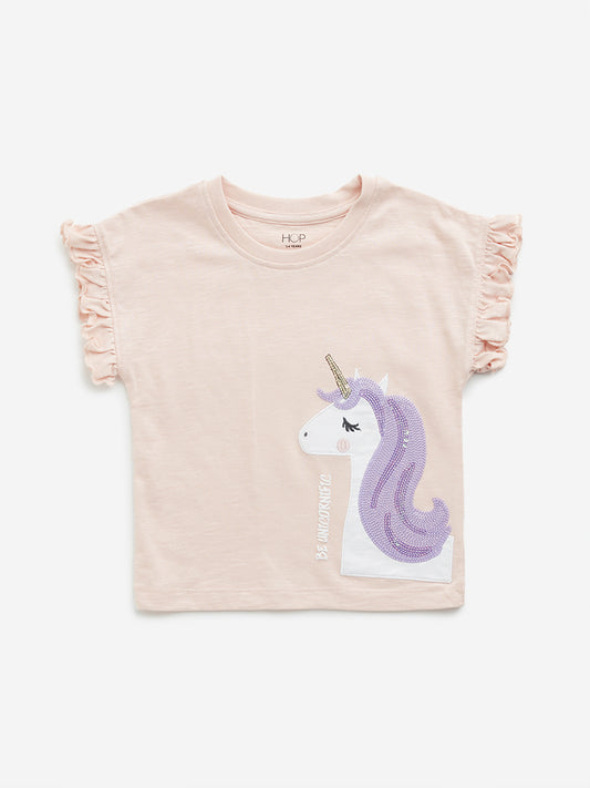 HOP Kids Peach Unicorn Embellished Cotton T-Shirt