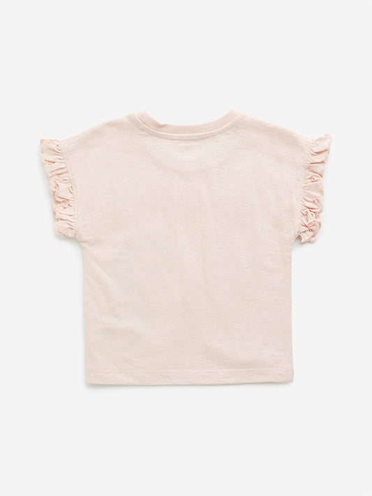HOP Kids Peach Unicorn Embellished Cotton T-Shirt