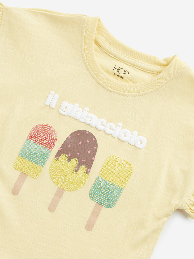 HOP Kids Yellow Ice-Cream Embellished Cotton T-Shirt