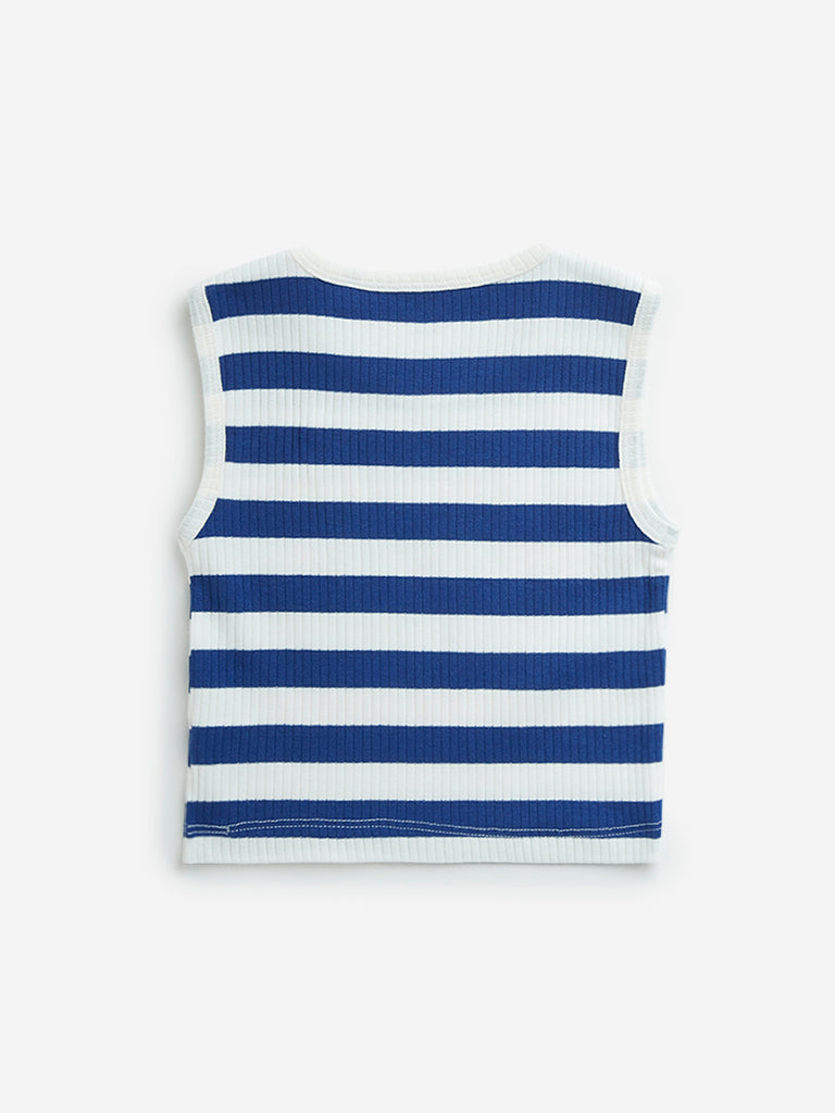 HOP Kids Blue Stripe Printed Cotton Blend T-Shirt