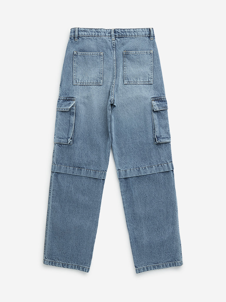 Y&F Kids Blue Cargo-Style Relaxed - Fit Mid - Rise Jeans