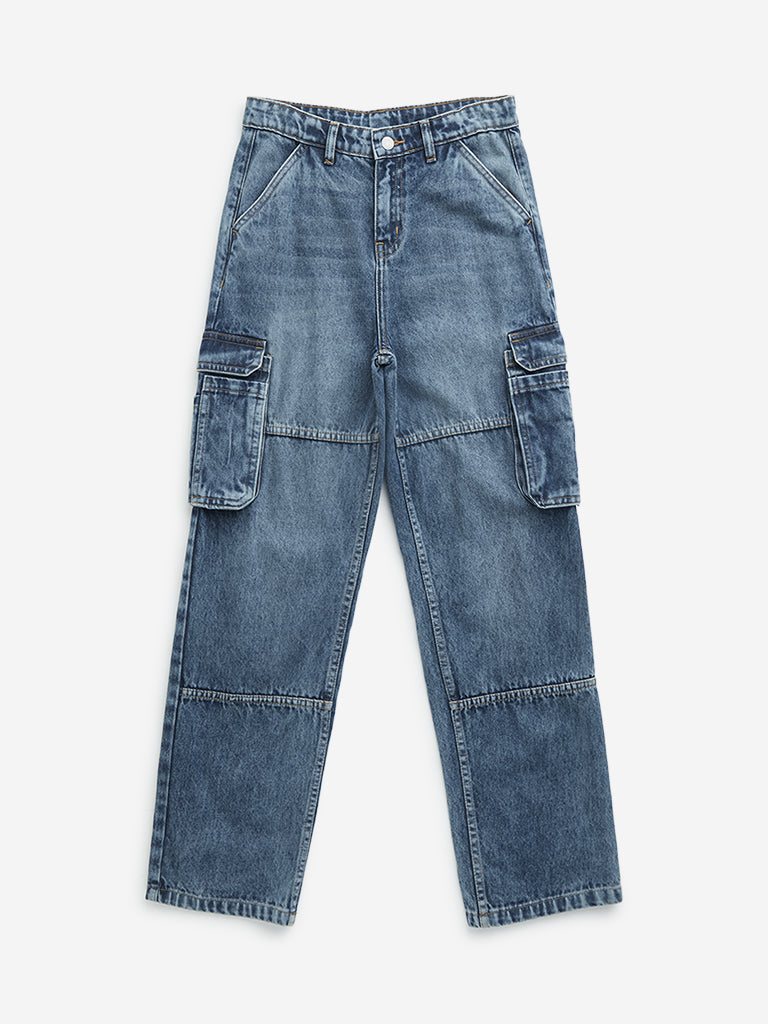 Y&F Kids Blue Cargo-Style Relaxed - Fit High - Rise Jeans