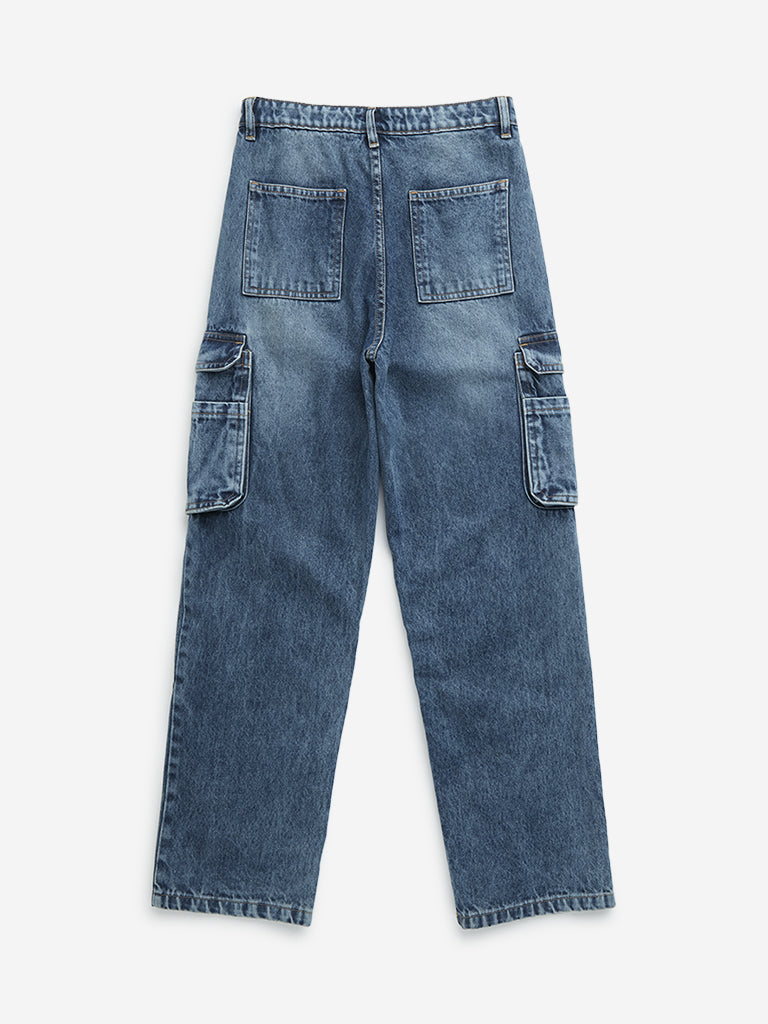 Y&F Kids Blue Cargo-Style Relaxed - Fit High - Rise Jeans