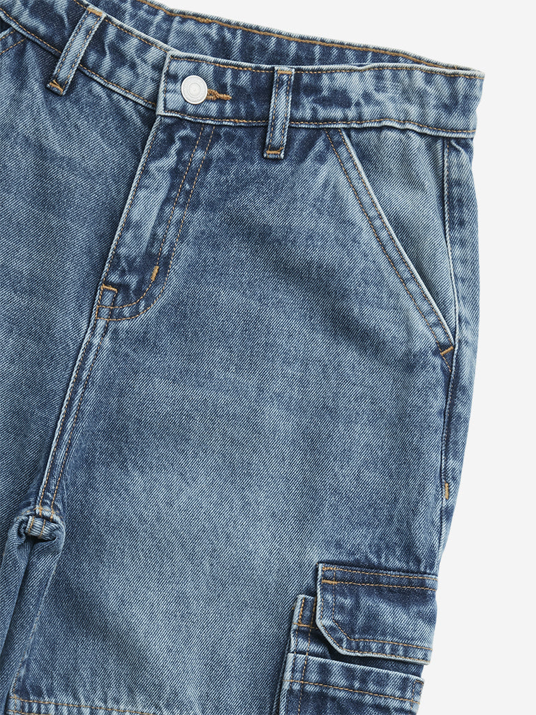 Y&F Kids Blue Cargo-Style Relaxed - Fit High - Rise Jeans