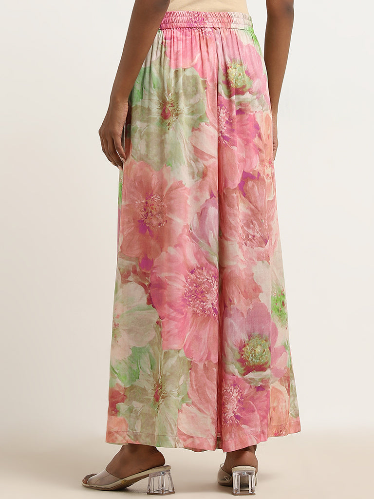 Zuba Pink Floral Printed High-Rise Palazzos