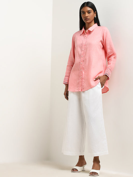 Zuba Pink Lace Detailed Straight Linen Tunic