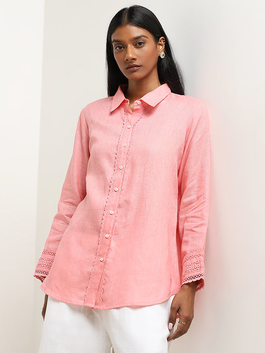 Zuba Pink Lace Detailed Straight Linen Tunic