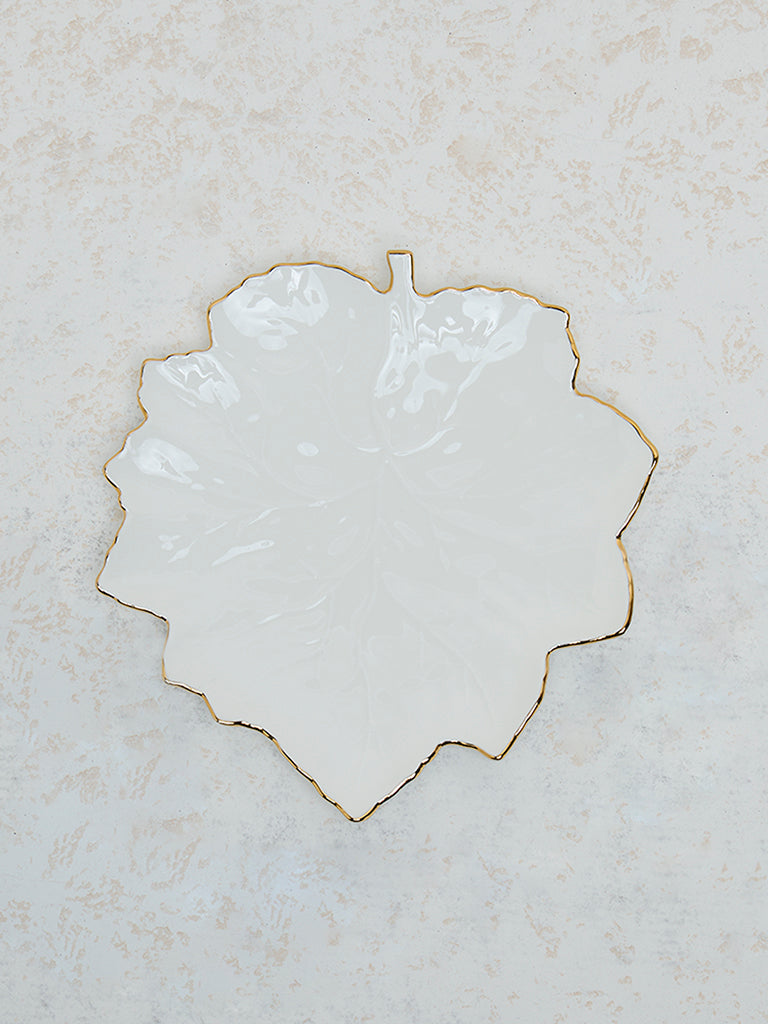 Westside Home White and Gold Leaf Design Small Platter