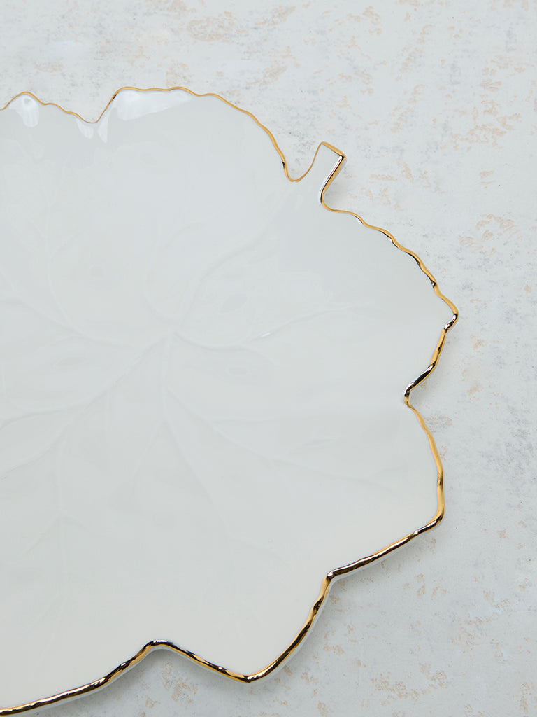 Westside Home White and Gold Leaf Design Small Platter