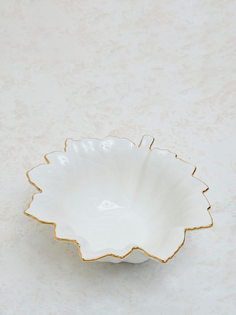 Westside Home White and Gold Leaf Print Large Bowl