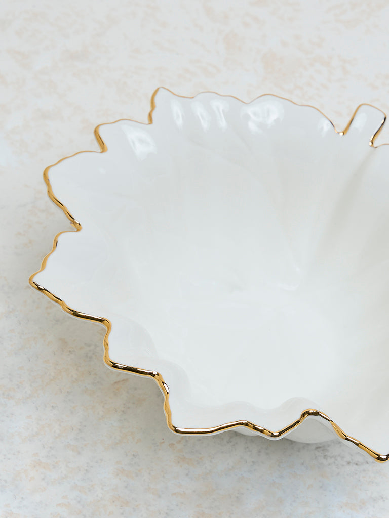 Westside Home White and Gold Leaf Print Large Bowl