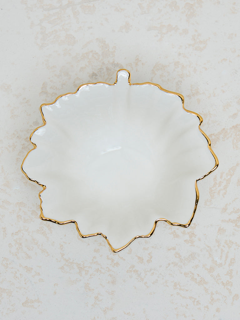 Westside Home White and Gold Leaf Print Small Bowl