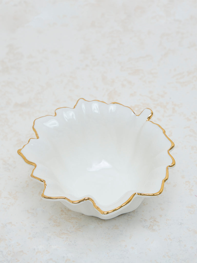 Westside Home White and Gold Leaf Print Small Bowl