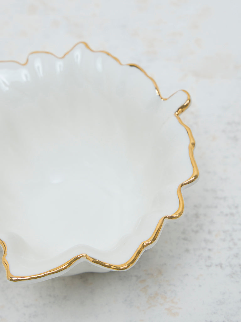 Westside Home White and Gold Leaf Print Small Bowl