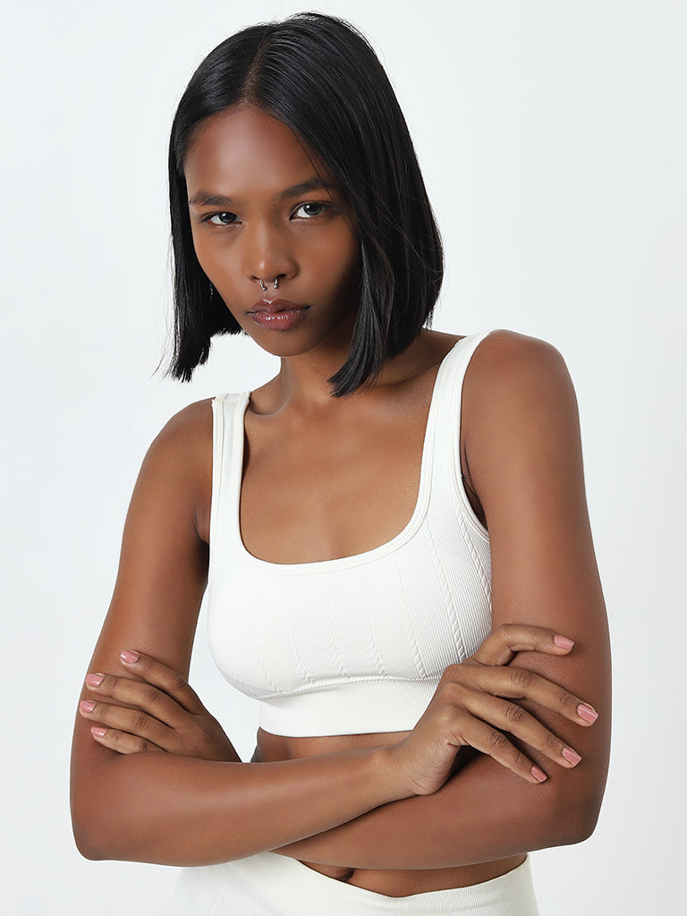 Superstar White Ribbed-Textured Seam-Free Padded Cotton Bra