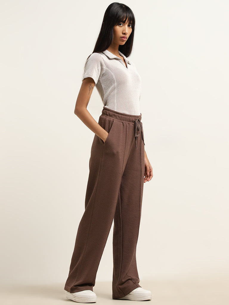 Studiofit Dark Brown Textured High-Rise Track Pants