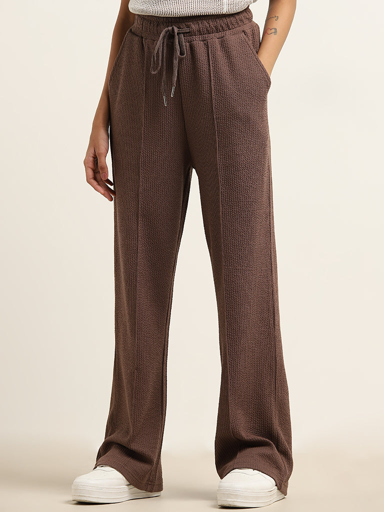 Studiofit Dark Brown Textured High-Rise Track Pants