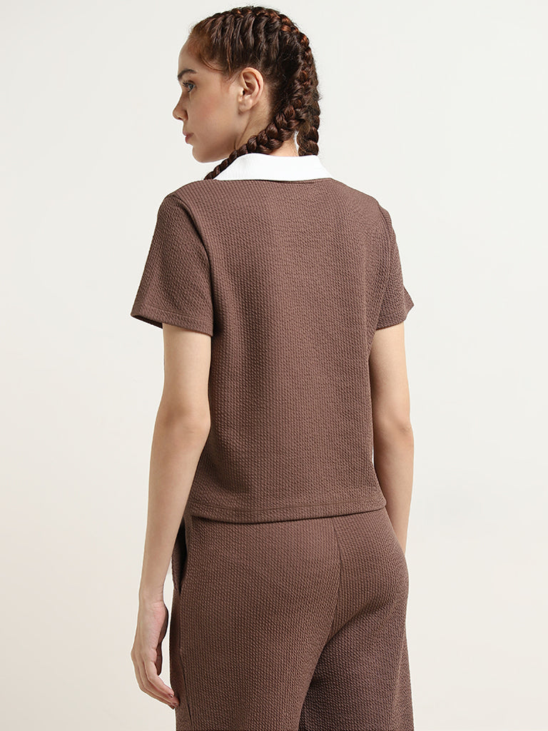 Studiofit Dark Brown Self-Textured Collared T-Shirt