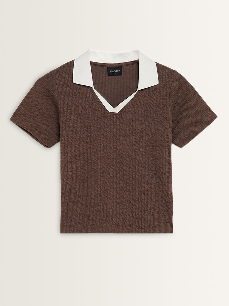 Studiofit Dark Brown Self-Textured Collared T-Shirt