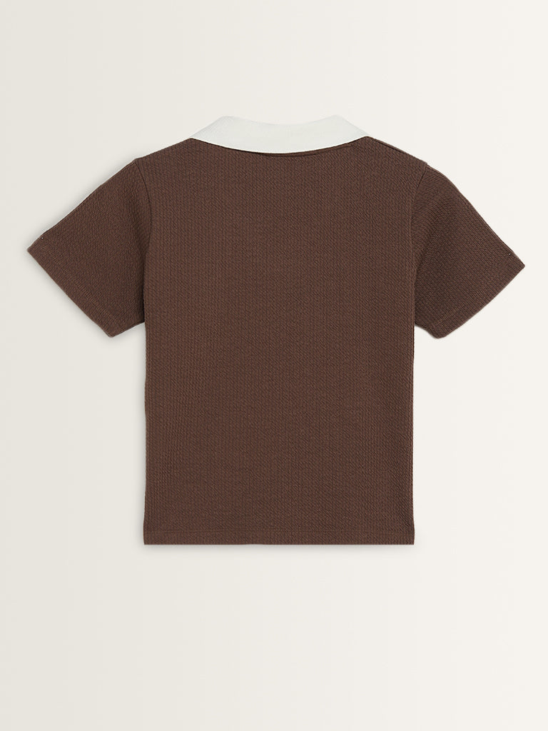 Studiofit Dark Brown Self-Textured Collared T-Shirt