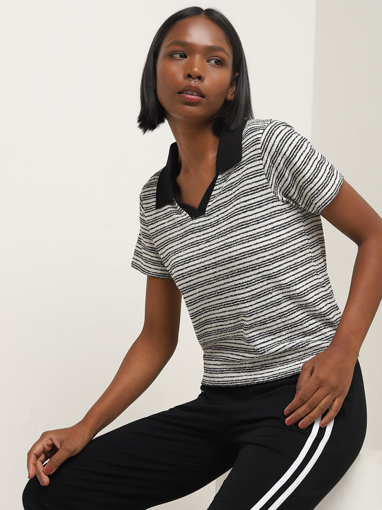 Studiofit Black & White Stripe Printed Cotton Blend T-Shirt