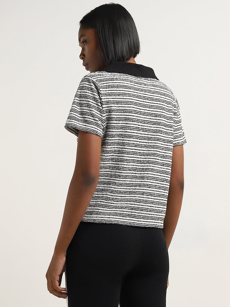 Studiofit Black & White Stripe Printed Cotton Blend T-Shirt