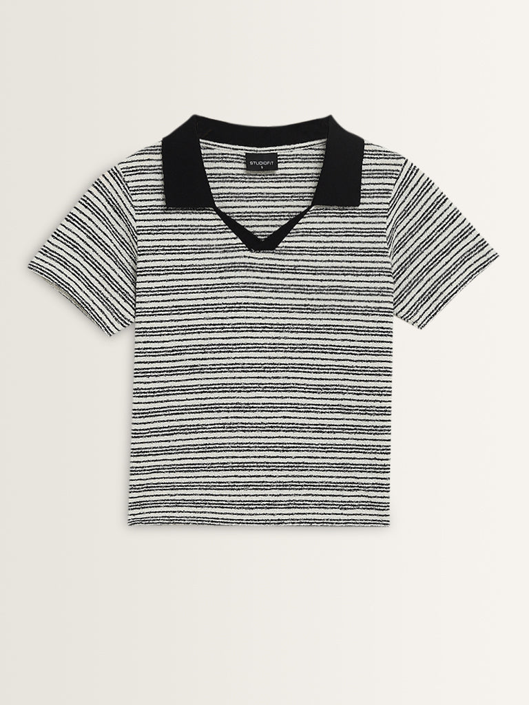 Studiofit Black & White Stripe Printed Cotton Blend T-Shirt