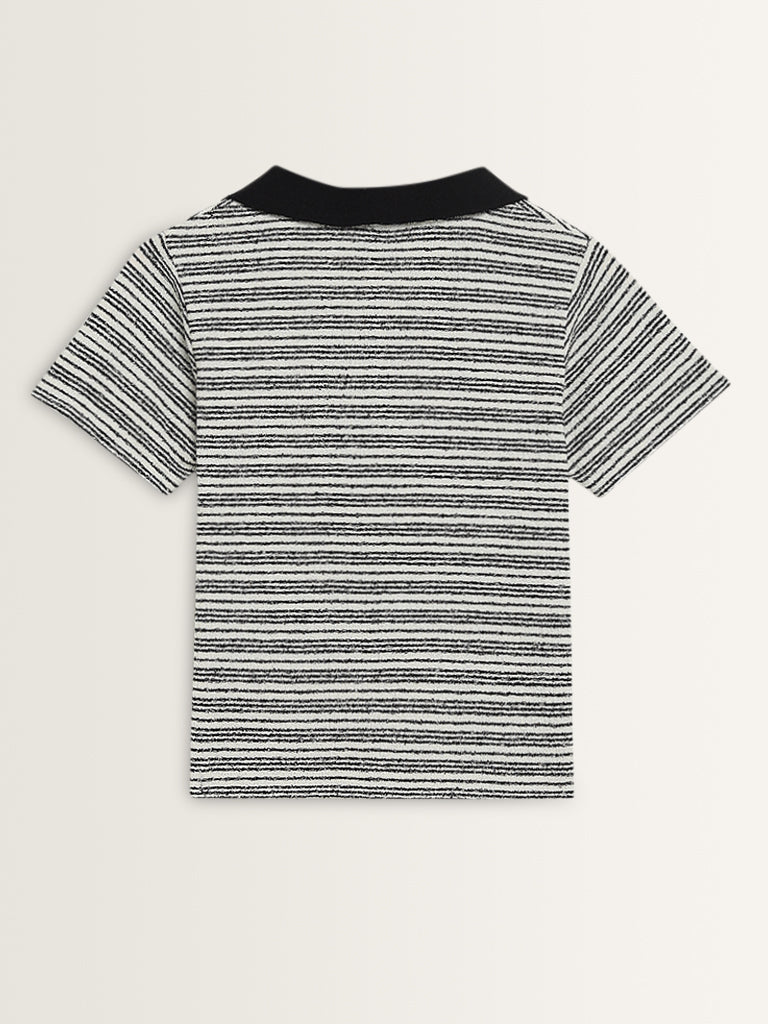 Studiofit Black & White Stripe Printed Cotton Blend T-Shirt