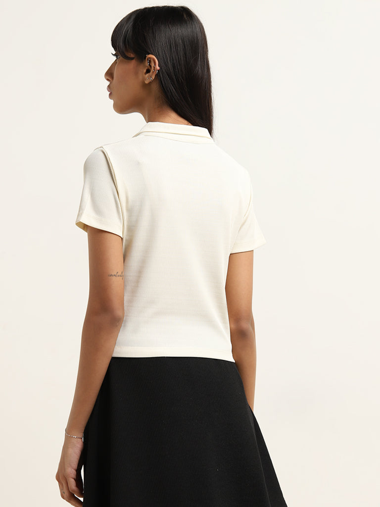 Studiofit Off-White Ribbed Collared T-Shirt