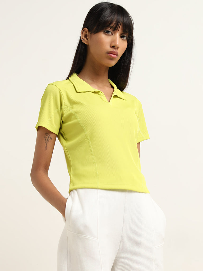 Studiofit Lime Ribbed Collared T-Shirt