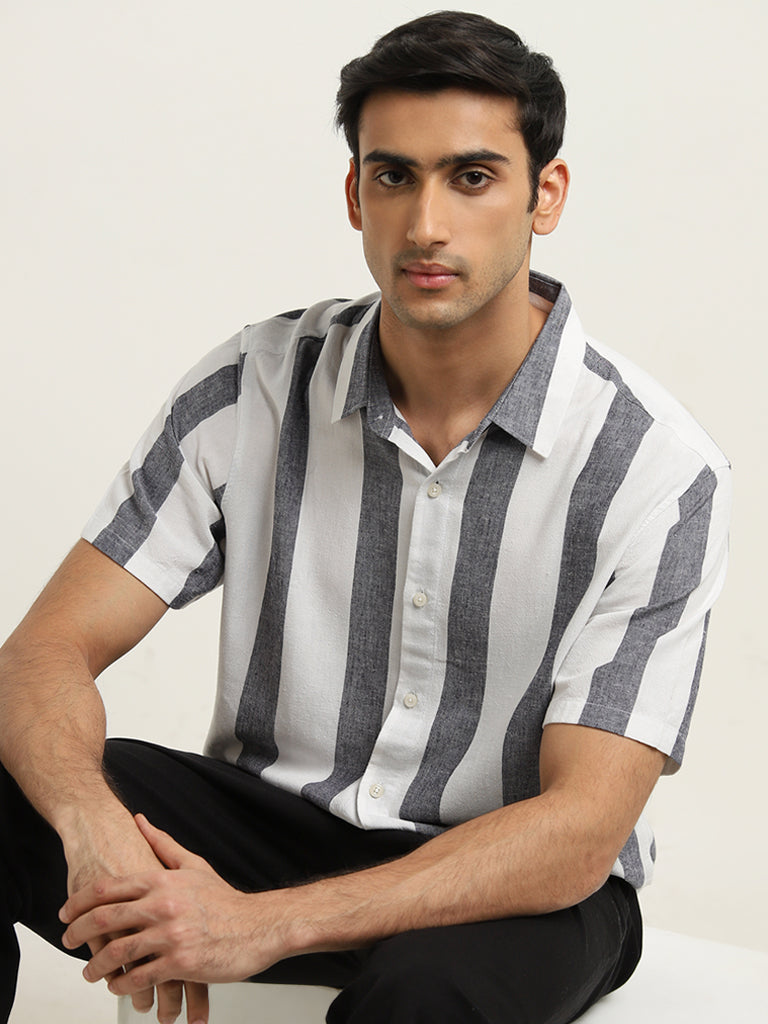 Ascot Blue Striped Relaxed-Fit Cotton Shirt