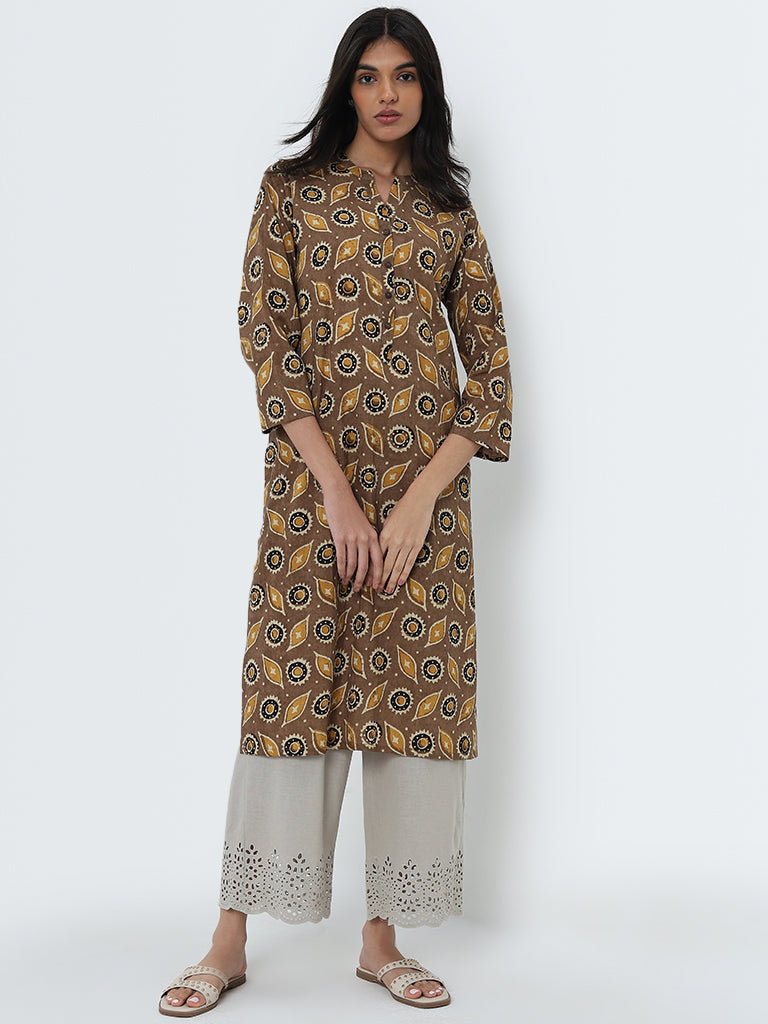 Utsa Brown Abstract Design Straight Cotton Kurta