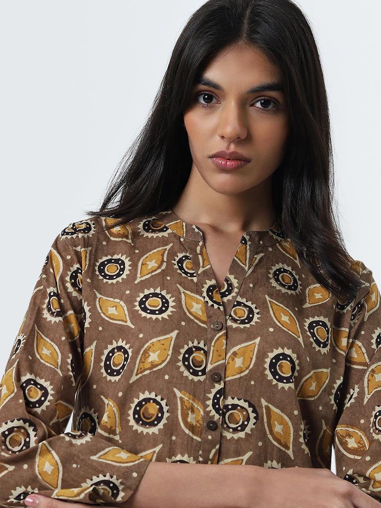 Utsa Brown Abstract Design Straight Cotton Kurta