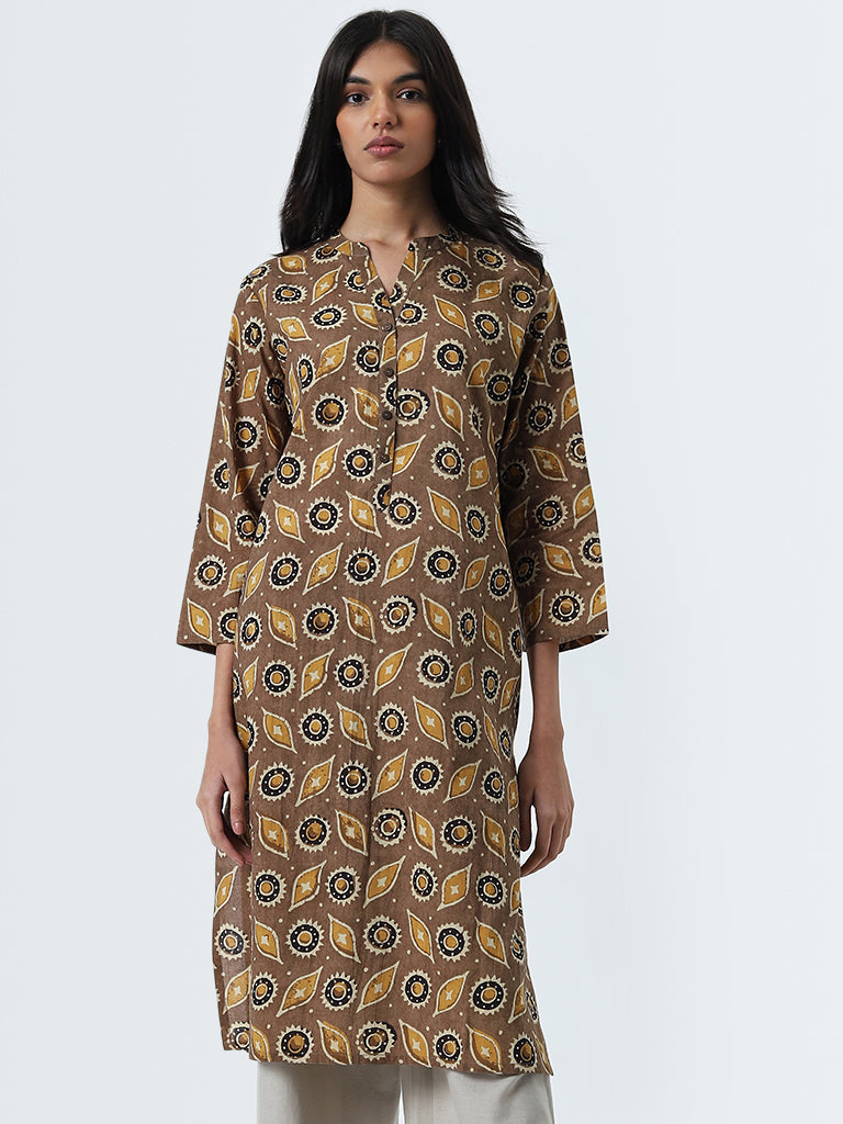 Utsa Brown Abstract Design Straight Cotton Kurta