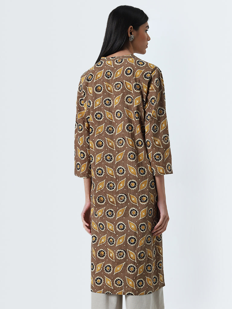 Utsa Brown Abstract Design Straight Cotton Kurta