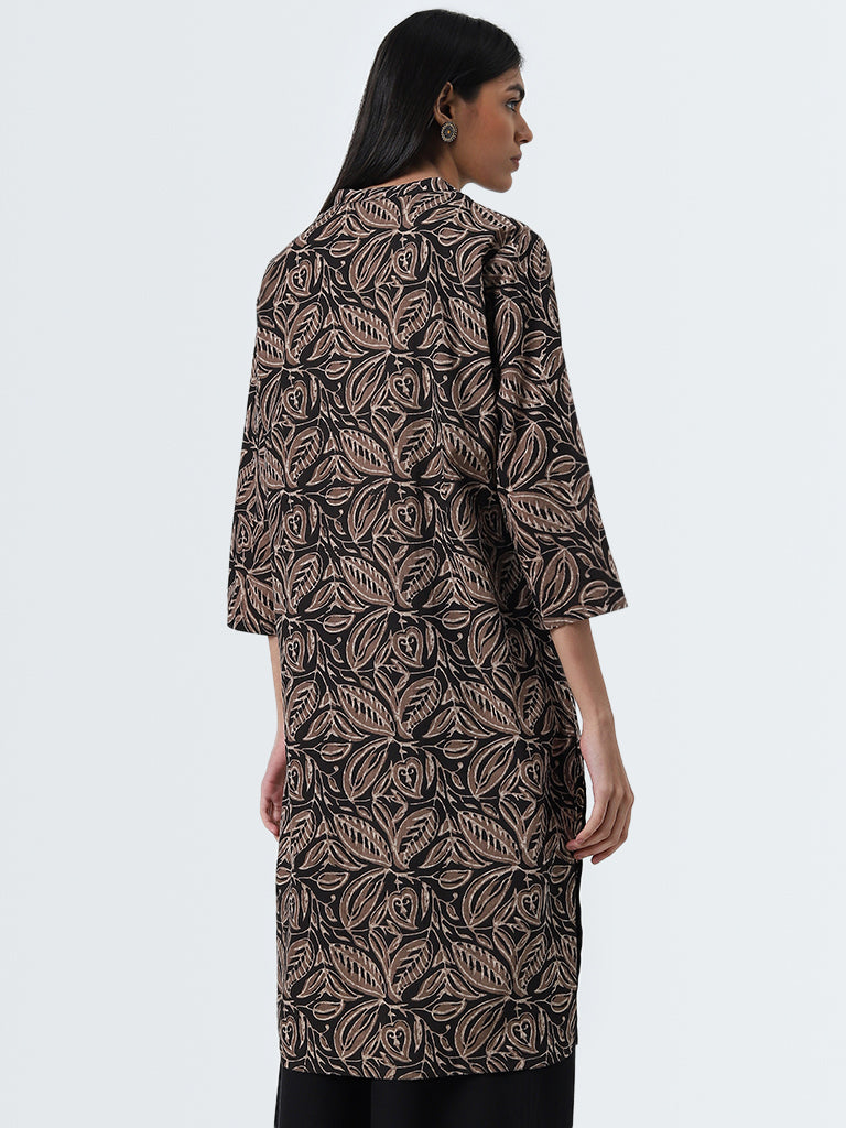 Utsa Brown Leaf Printed Straight Cotton Kurta