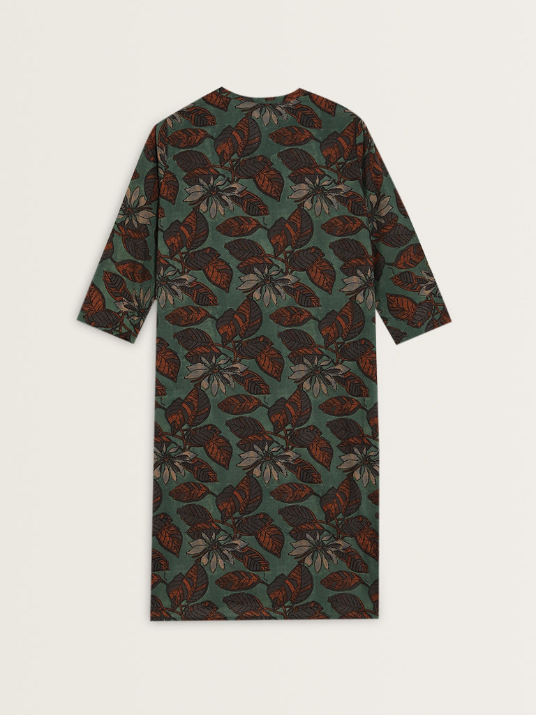 Utsa Green Foliage Printed Straight Cotton Kurta