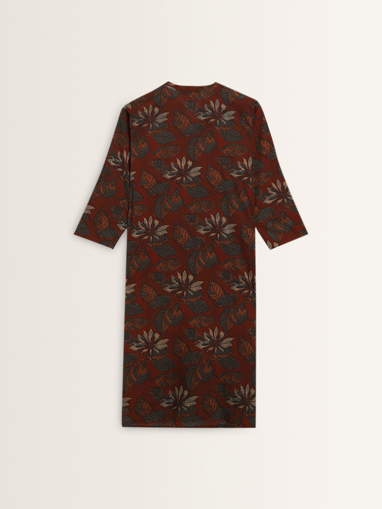 Utsa Maroon Floral Printed Straight Cotton Kurta