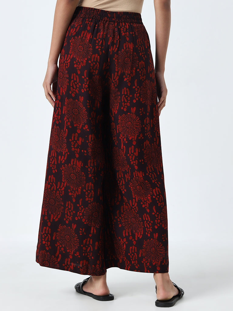 Utsa Red Floral Printed High-Rise Cotton Palazzos