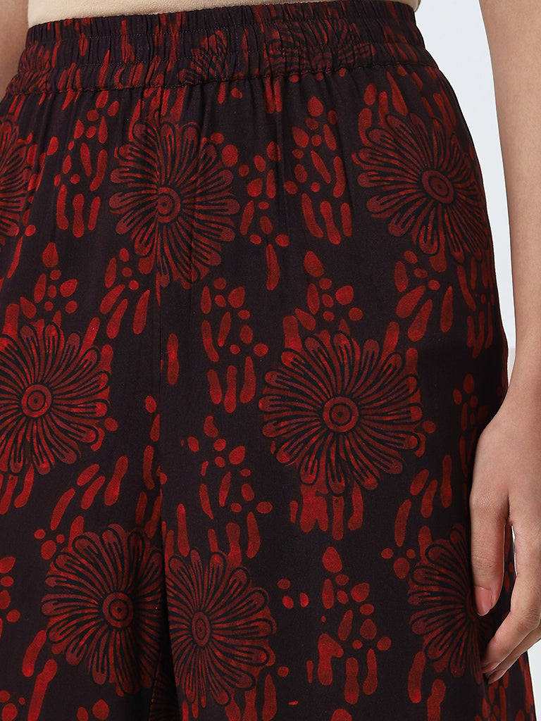 Utsa Red Floral Printed High-Rise Cotton Palazzos