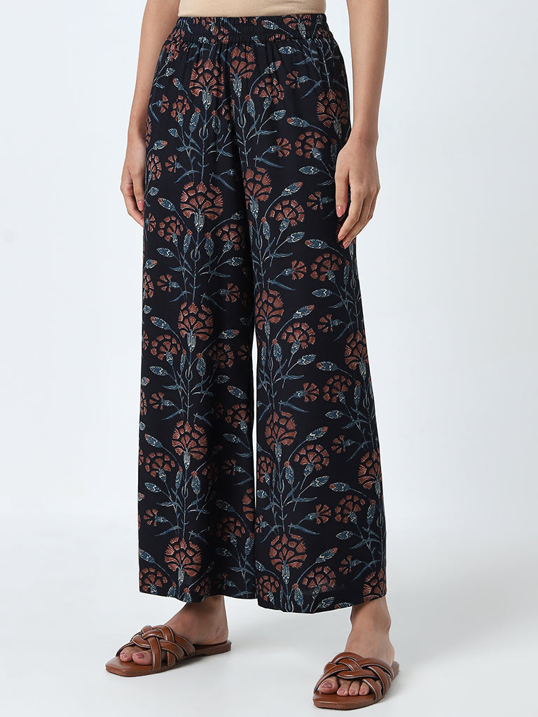 Utsa Navy Floral Printed High-Rise Cotton Palazzos