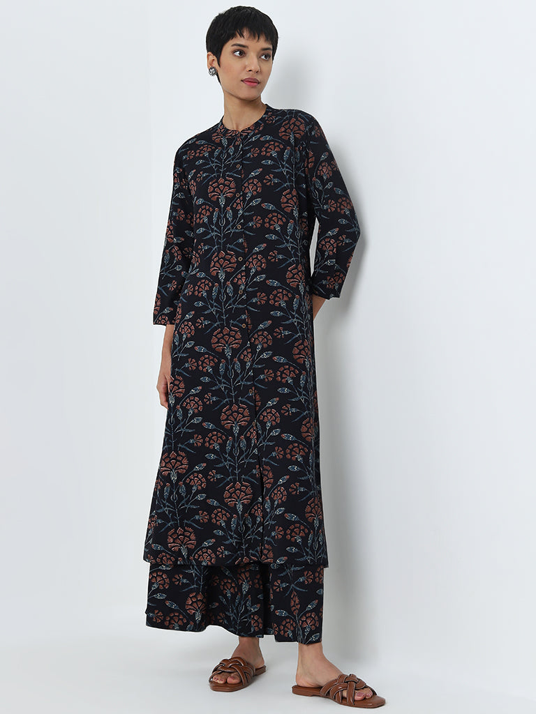 Utsa Navy Floral Printed High-Rise Cotton Palazzos