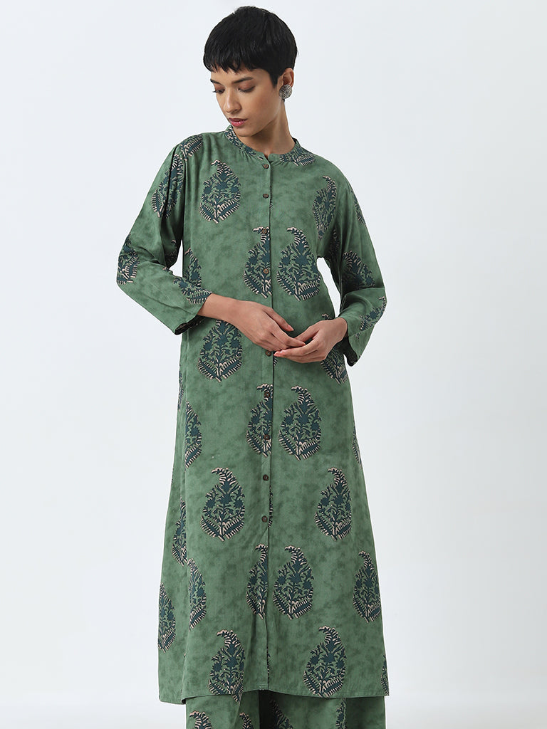 Utsa Green Printed A-Line Cotton Kurta