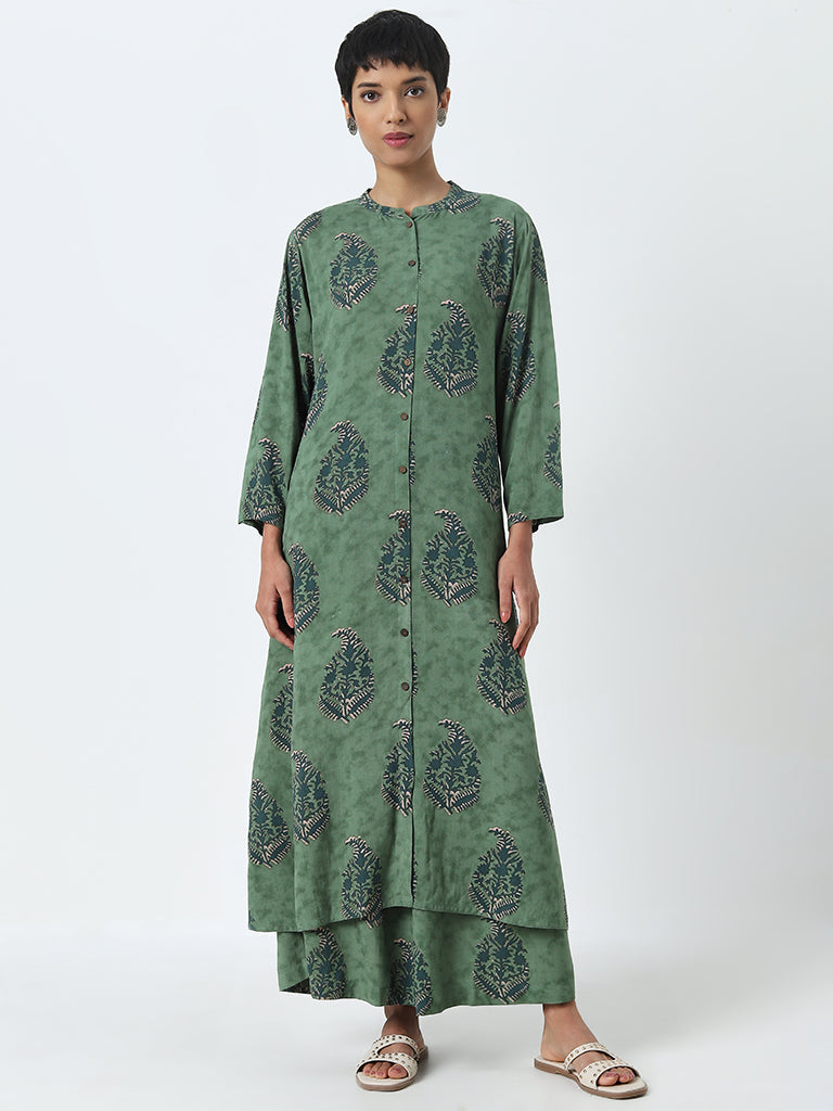 Utsa Green Printed A-Line Cotton Kurta